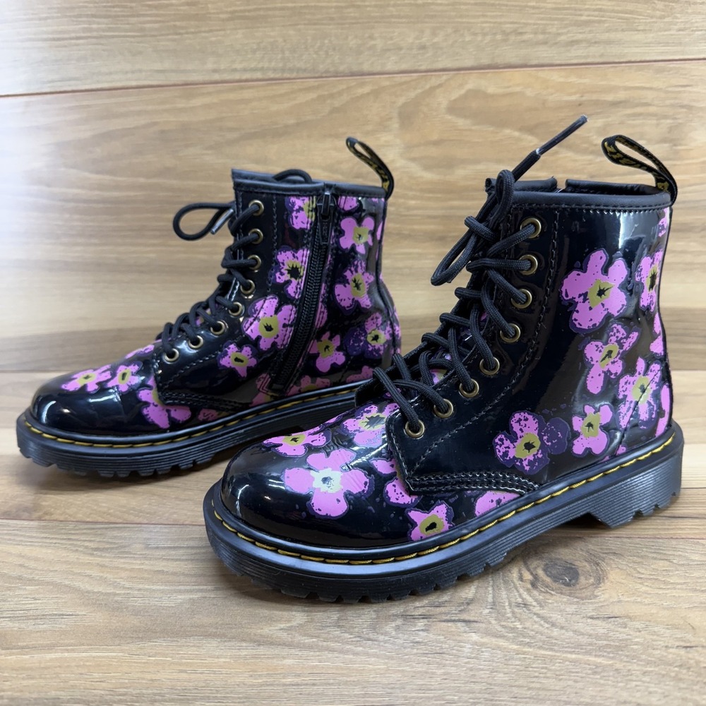 Dr Martens Girls Size 1 Pansy Patent Leather Floral Combat Boots